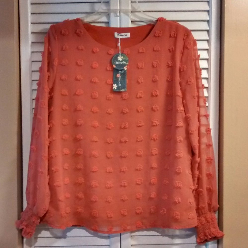 NWT Blooming Jelly Orange Chic Puff Sleeves Dotted Layered Blouse, Size M